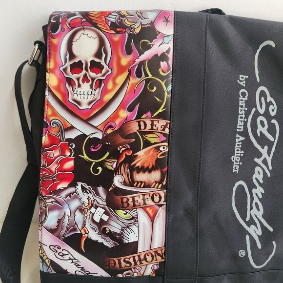 NEW Y2K Ed Hardy Christian Audigier Messenger Crossbody Bag Black Skulls VINTAGE - Picture 6 of 16